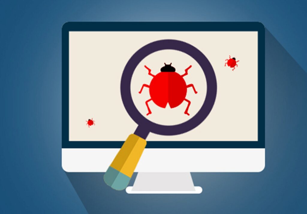 A red bug on a computer screen being focused by a magnifying glass