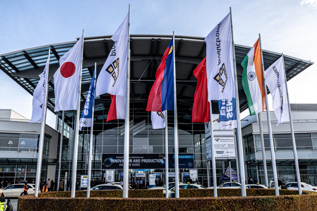 Munich Messe outside with flags